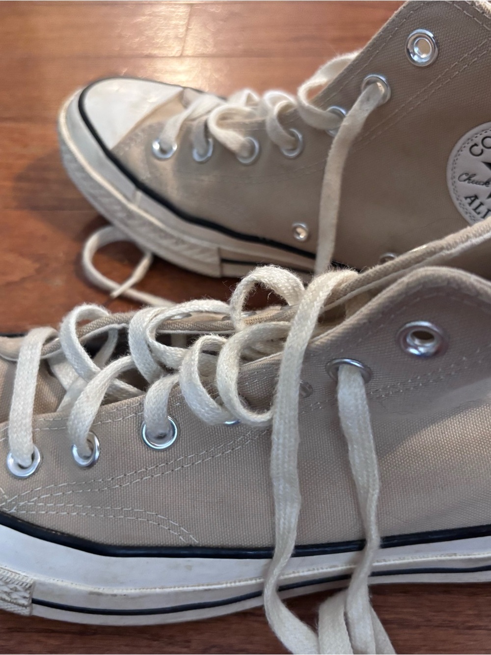 Converse High Top Sneakers in Beige Canvas with White Laces